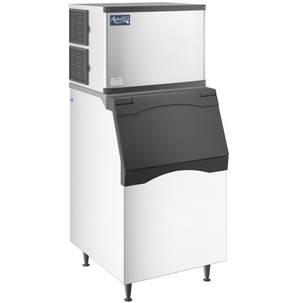 An Avantco air cooled modular ice machine with ice bin.