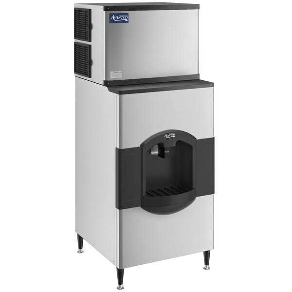 An Avantco air cooled ice machine with a black and silver surface and a black and silver ice dispenser. 