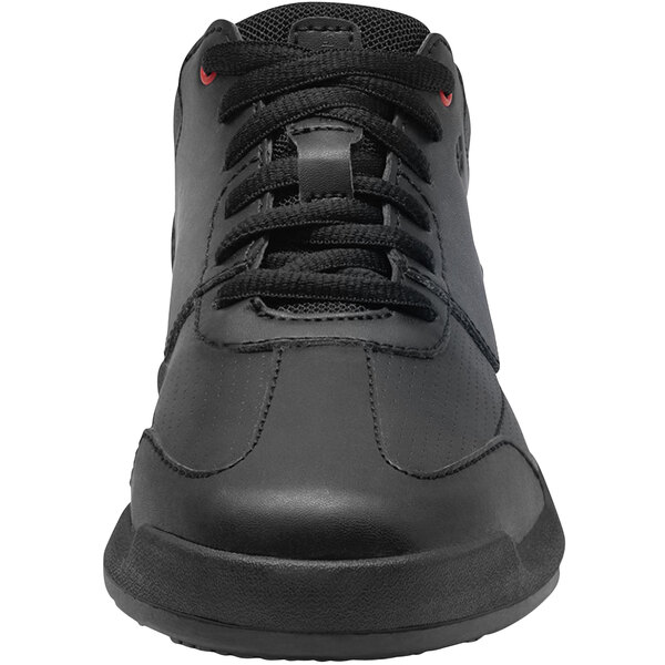 A close up of a black women's athletic shoe with red and white stripes.