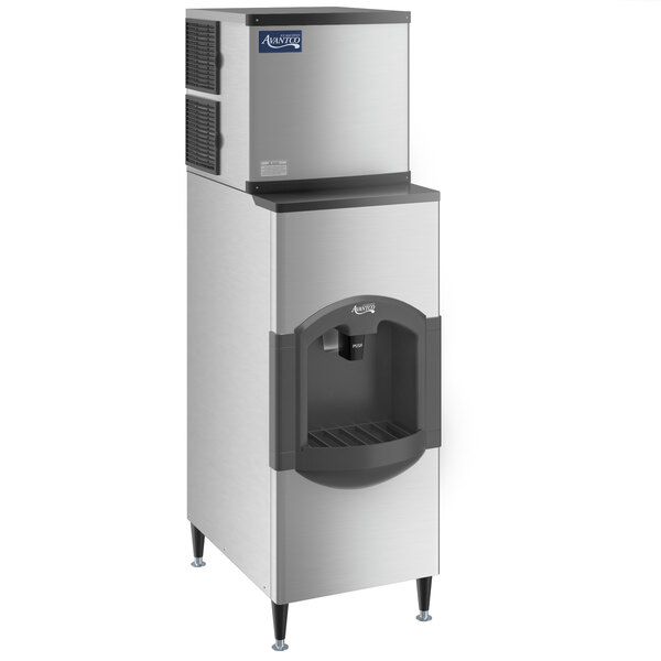 An Avantco stainless steel ice machine with a water dispenser.