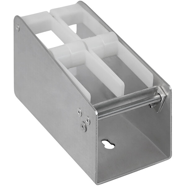 A metal container with white plastic parts on top.