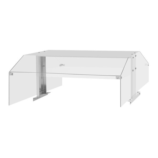 A transparent, rectangular sneeze guard with angled side panels and metal mounting brackets.