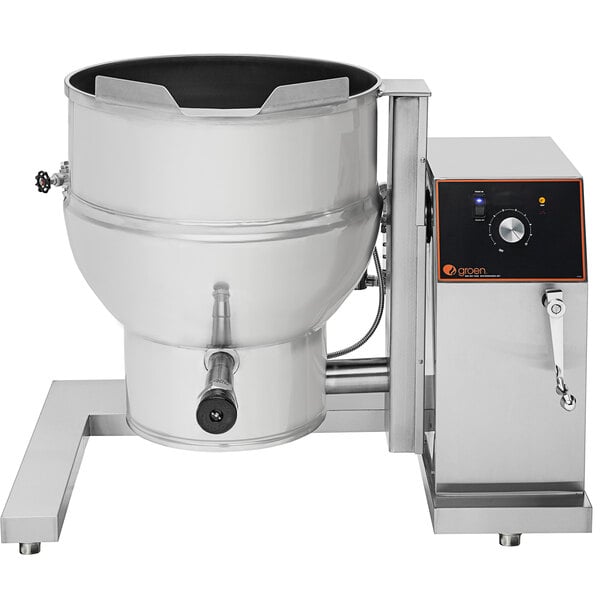 A large stainless steel Groen steam kettle with a black lid.