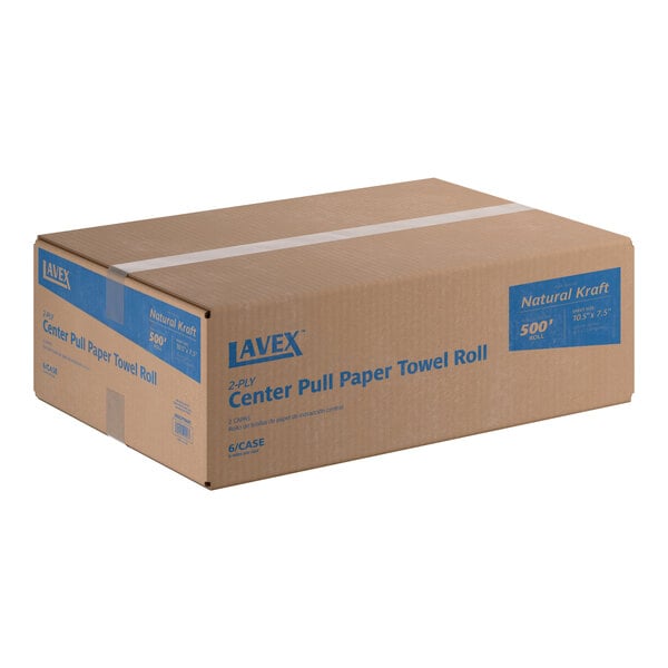 A cardboard box containing six Lavex 2-ply natural kraft center pull paper towel rolls.