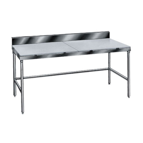 An Advance Tabco poly work table with a white surface and metal base.