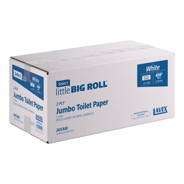 A case of Lavex Select Little Big Roll 2-ply jumbo toilet paper rolls, 24 rolls per box.