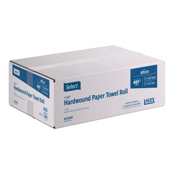 A case of Lavex Select 1-ply white hardwound paper towel rolls containing six rolls, each 665 feet long.