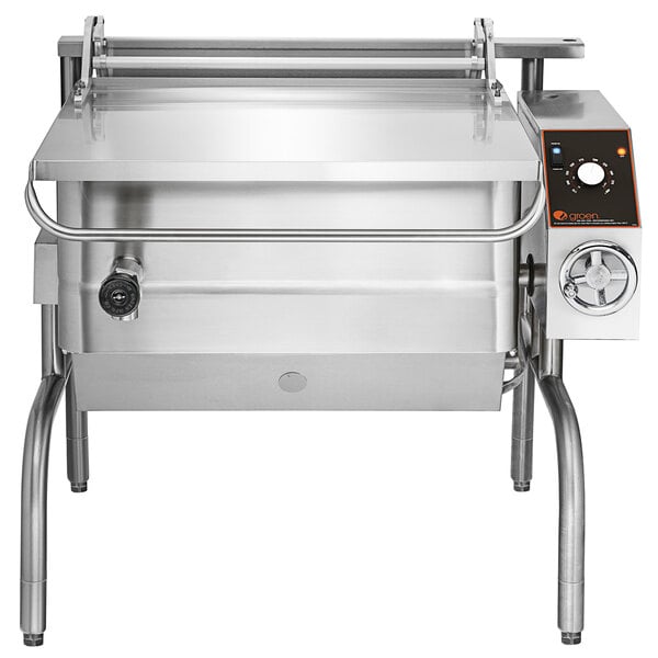 A Groen stainless steel 40-gallon tilting braising pan on a counter.