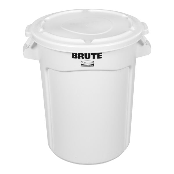 A white Rubbermaid BRUTE 32-gallon round ingredient storage bin with a lid.