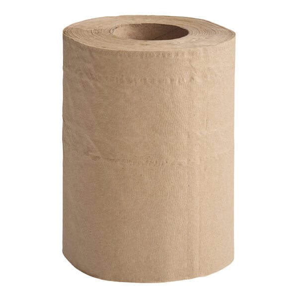 A roll of natural kraft 2-ply mini center pull paper towel.