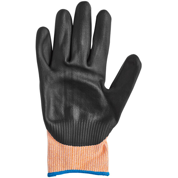 a black glove with orange stripe