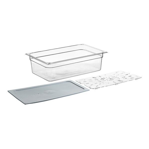 A clear plastic Vigor food pan with a clear lid and a tray.
