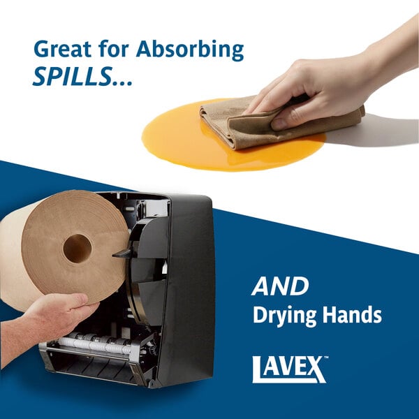 Graphic showing a kraft paper towel roll absorbing a spill and loaded in a dispenser.