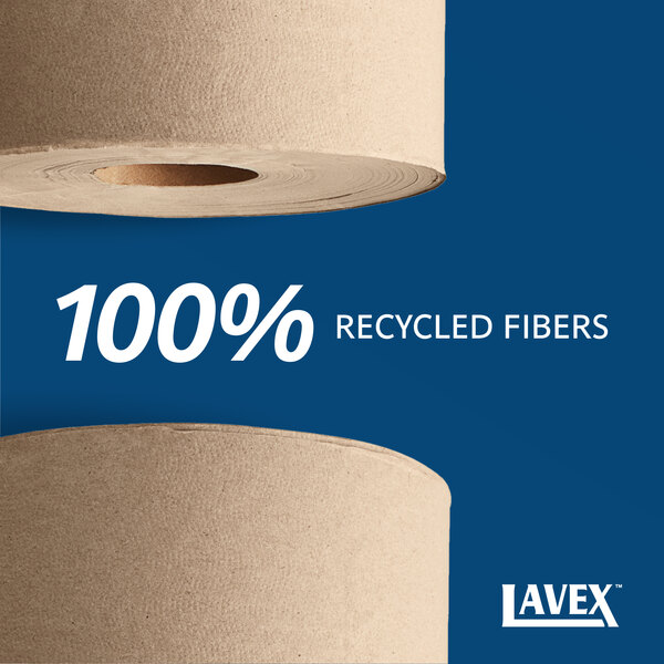 Graphic highlighting a kraft paper towel roll made with 100% recycled fibers.
