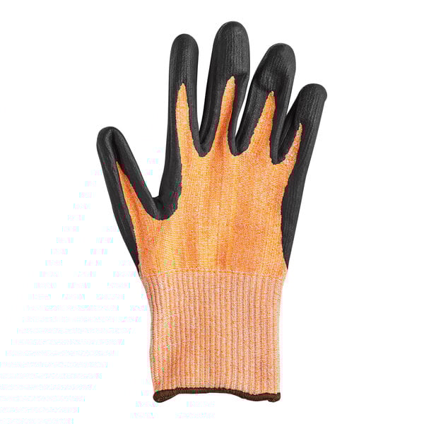 A close-up of an orange and black Mercer Culinary Millennia food processing glove with a black and orange palm.