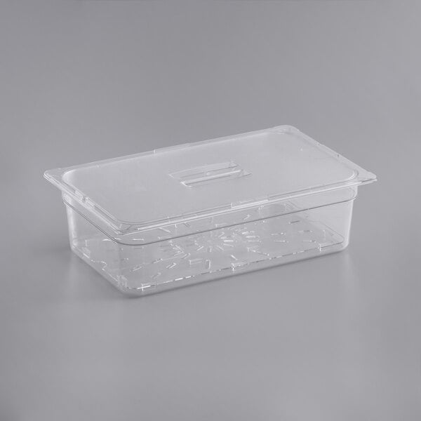 A clear plastic Vigor food container with a lid.