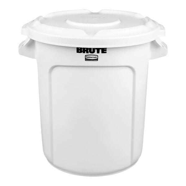 A white Rubbermaid BRUTE round plastic container with a lid.