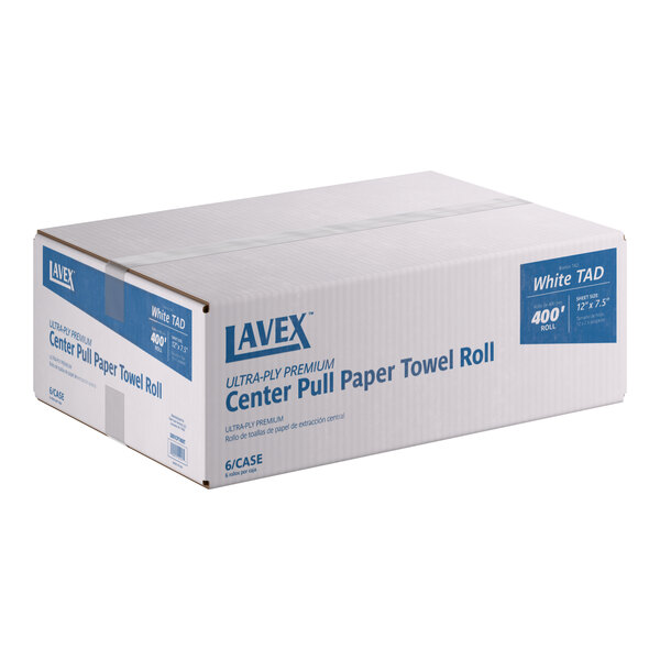 A case of Lavex Premium 7 1/2-inch white Aircell TAD center pull paper towel rolls, containing 6 rolls of 400 feet each.