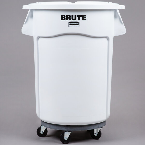 A white plastic Rubbermaid BRUTE ingredient storage bin with wheels and a lid.