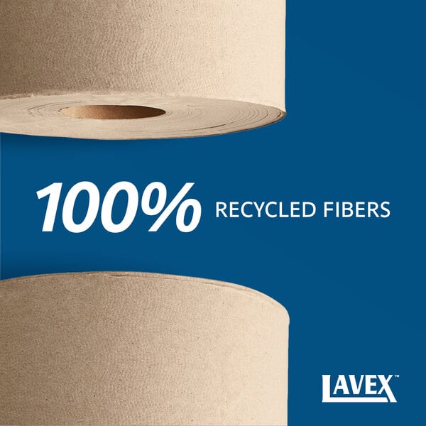 Graphic highlighting a natural kraft paper towel roll made with 100% recycled fibers.