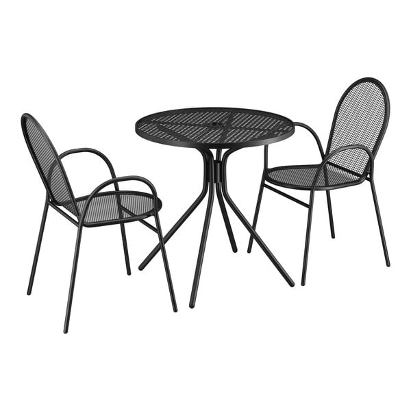 A black Lancaster Table & Seating bistro set with a round table and two arm chairs.