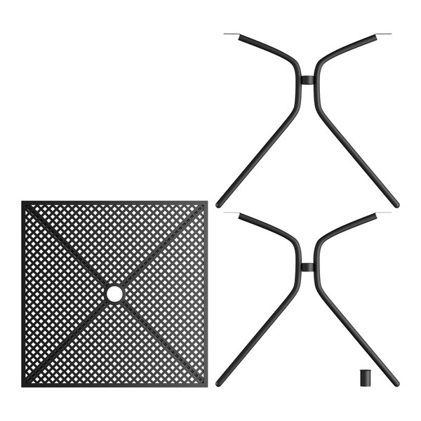 A black metal square table with black metal legs and two black metal arm chairs with a square grid design.
