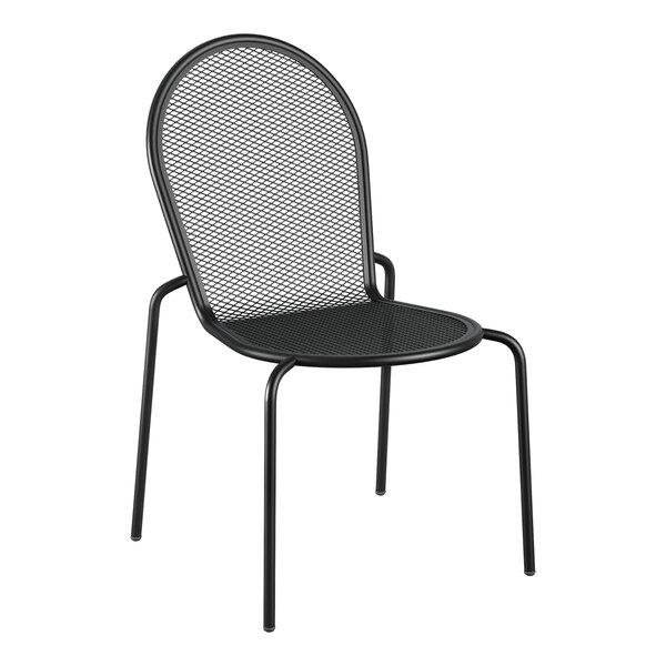 A black Lancaster Table & Seating side chair with a mesh back.