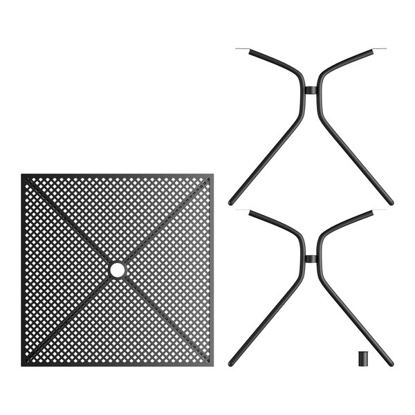 A close-up of a Lancaster Table & Seating Harbor black square metal table with black metal legs.