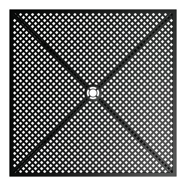 A black square Lancaster Table & Seating outdoor table top with ornate holes.