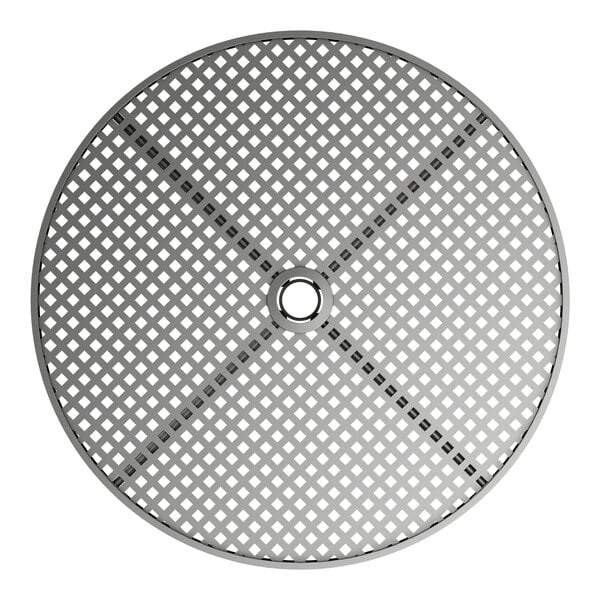 A Lancaster Table & Seating round metal table top with holes in it.