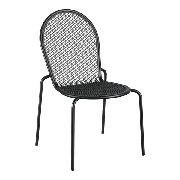 A black metal Lancaster Table & Seating chair with a mesh back.
