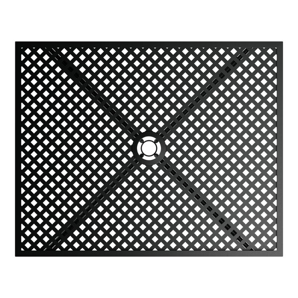 A black rectangular table top with a black metal grate with ornate legs.
