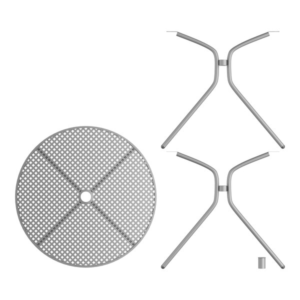 A Lancaster Table & Seating Harbor Gray round outdoor table with modern metal legs and 4 chairs.