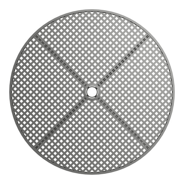 A circular metal Lancaster Table & Seating outdoor table top with holes in it.