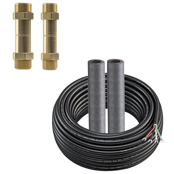 A black cable with two grey and gold metal couplers at the end.