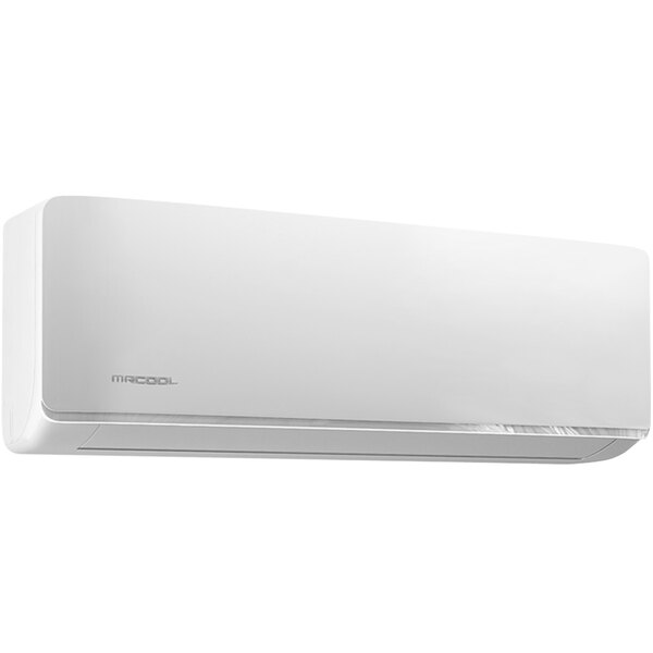 A white rectangular MRCOOL air conditioner with text and a logo.