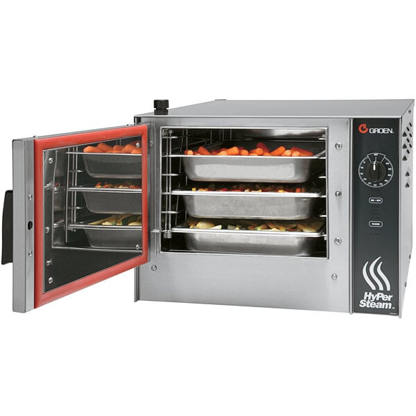 a stainless steel oven with food in it