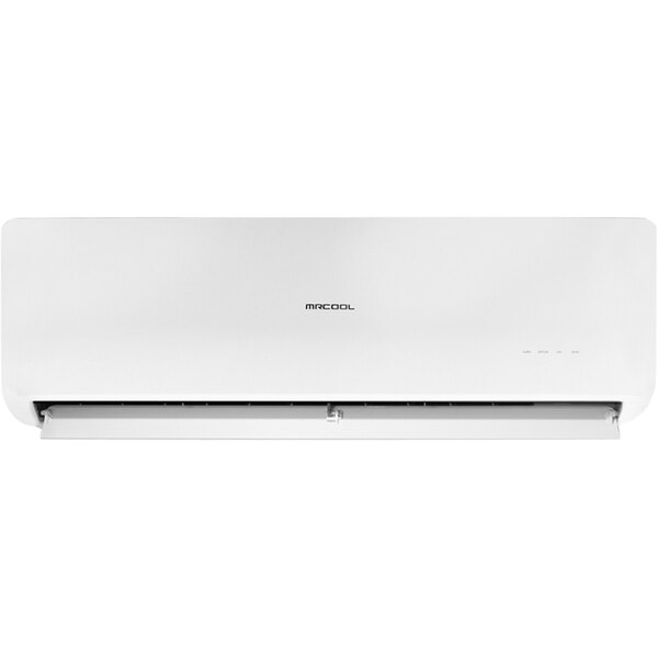 A white MRCOOL ductless mini-split air conditioner with a white cover.