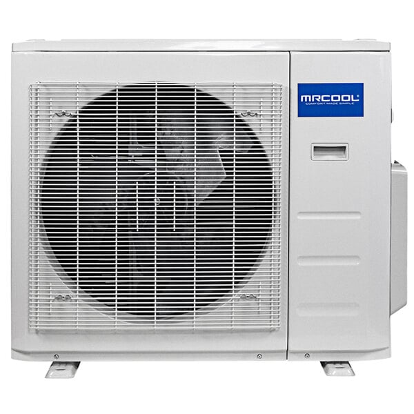 A white MRCOOL ductless mini-split system with a fan.