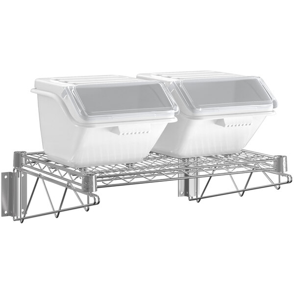 A Baker's Mark wall-mounted shelf with 2 white plastic bins with clear lids.