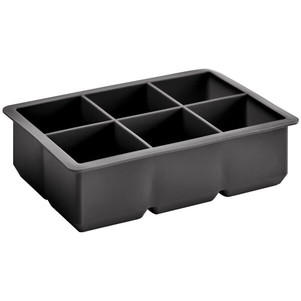 A black silicone rectangular ice mold with six compartments.