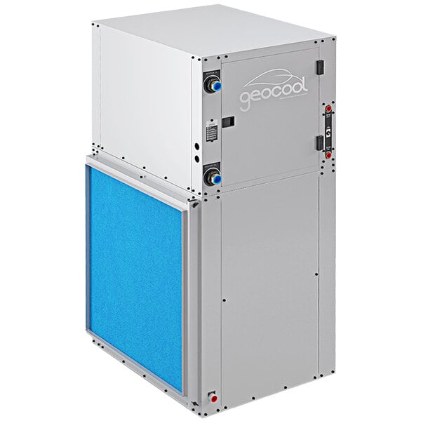 A white rectangular box with blue and white panels containing a MRCOOL Geocool heat pump.