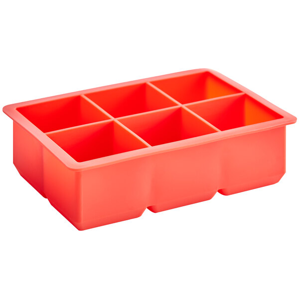 A red rectangular silicone ice mold with 6 cube compartments.