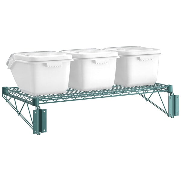 A Baker's Mark metal shelf with 3 white plastic containers on it.