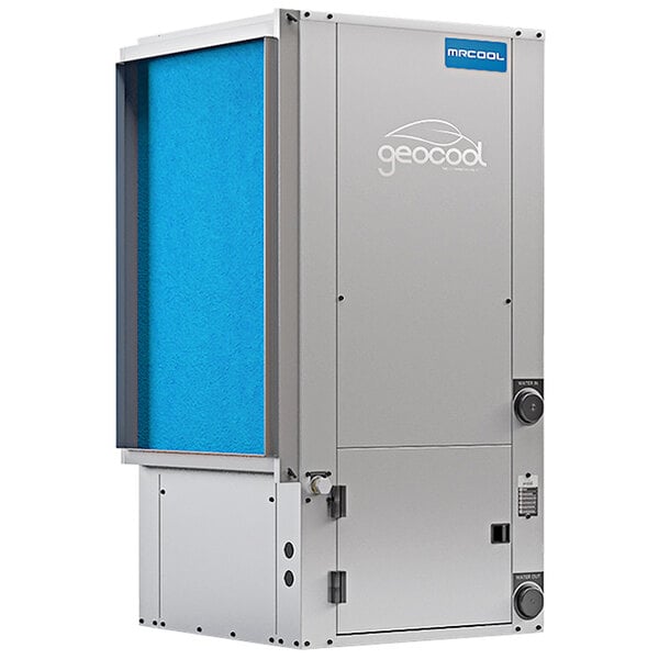 A white MRCOOL geothermal heat pump with a blue door.