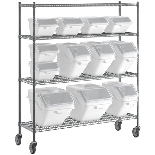 A metal rack with white Baker's Mark containers on wheels.