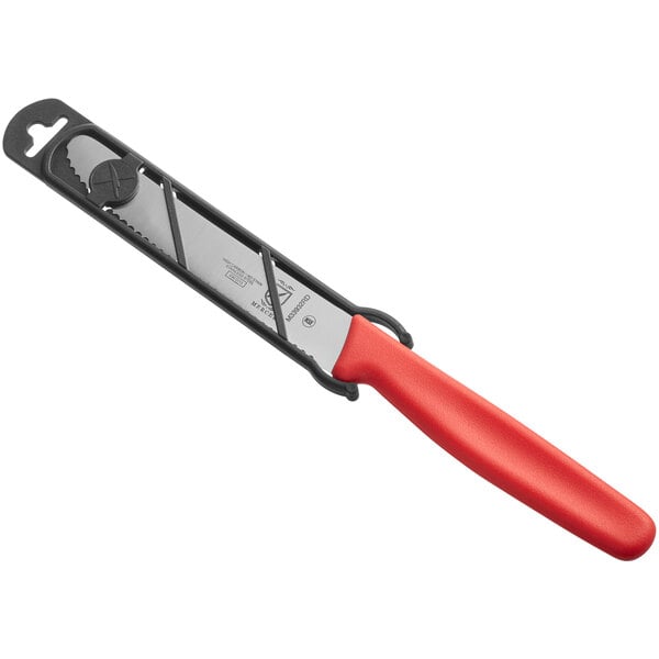 A Mercer Culinary paring knife with a red handle.