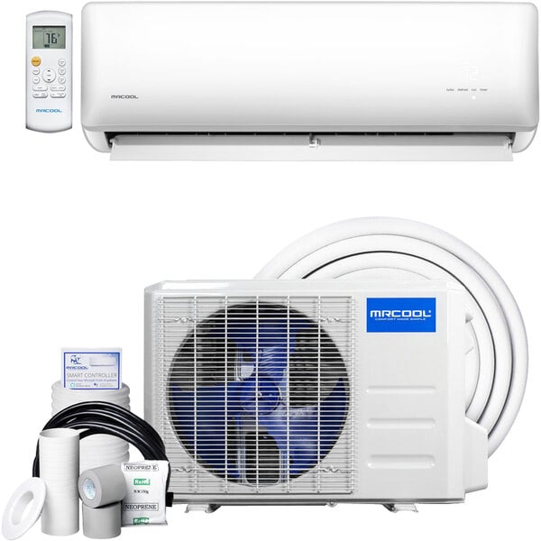 A white MRCOOL ductless mini-split air conditioner with a remote control.