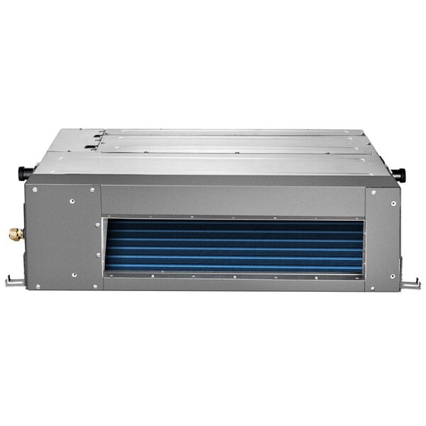 A grey rectangular MRCOOL air handler with blue vents.