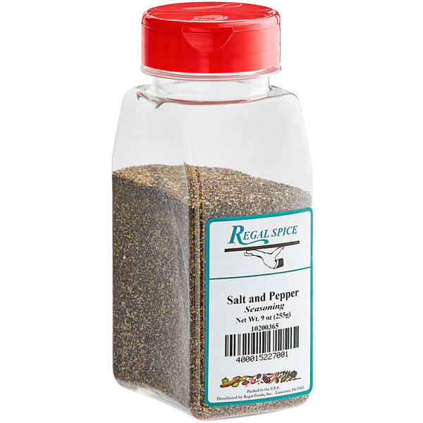 A plastic bottle of Regal Salt and Pepper Seasoning Blend with a red lid.
